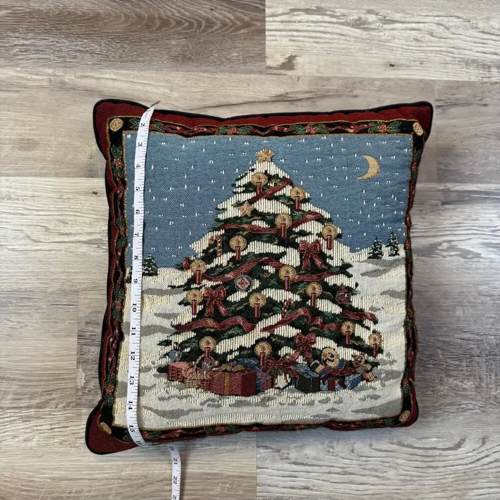 Vintage Christmas Tree Tapestry Pillow 16x16 Holiday Decor Snow Scene